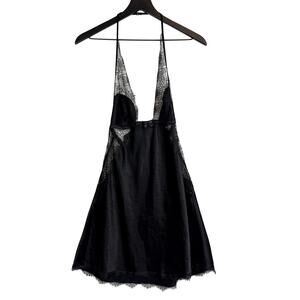 Victoria’s Secret Lace Trim Halter Neck Mini Slip Satin Dress Black - L